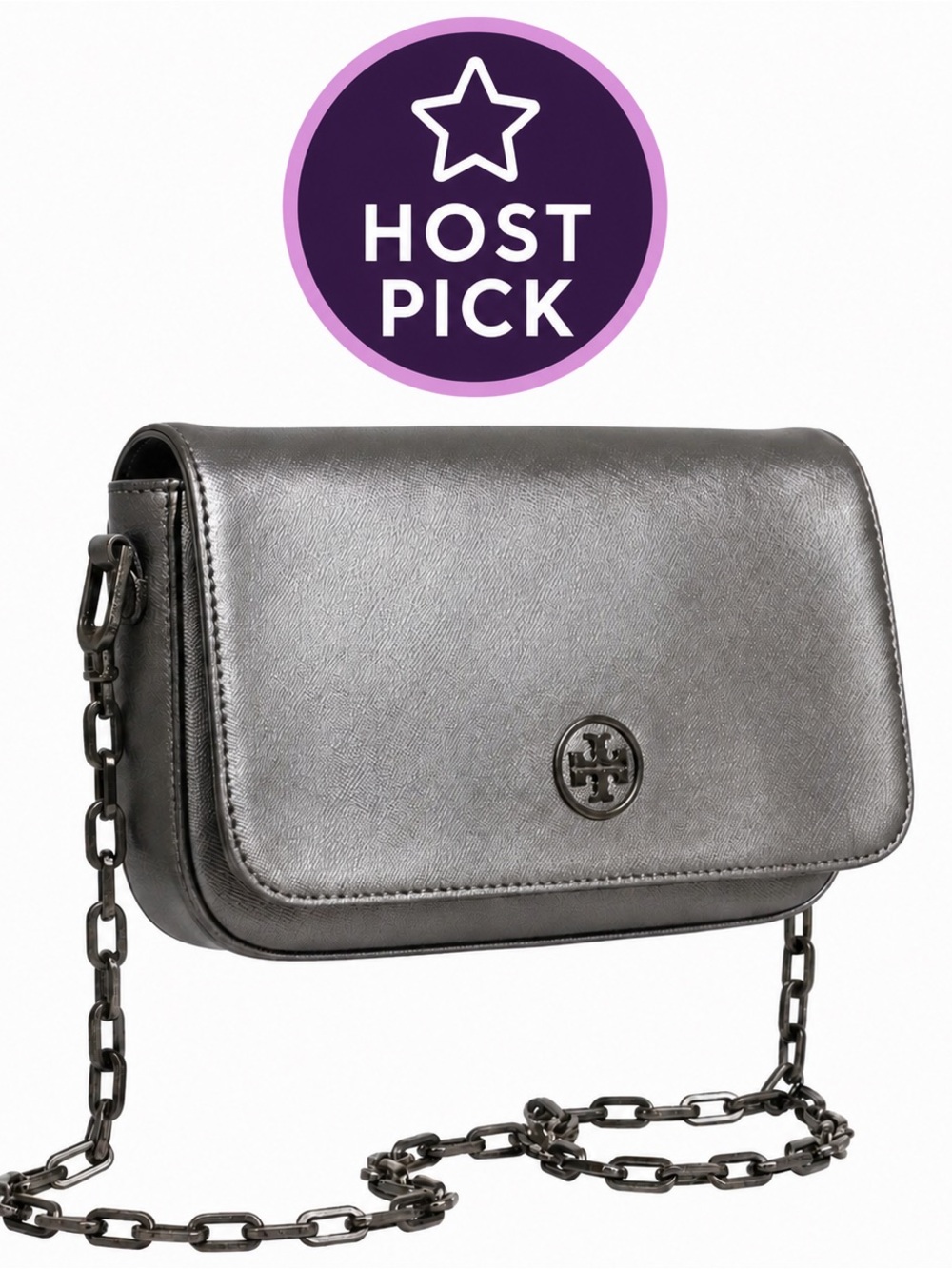 Tory Burch Metallic Gunmetal Leather Chain Crossbody with Dust Bag
